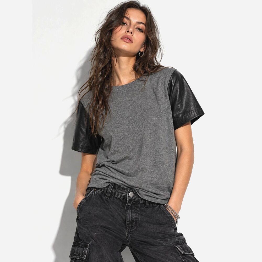 J.Crew 2013 Leather Sleeve Top Gray Cotton Black Genuine Leather Zip Back Size S
